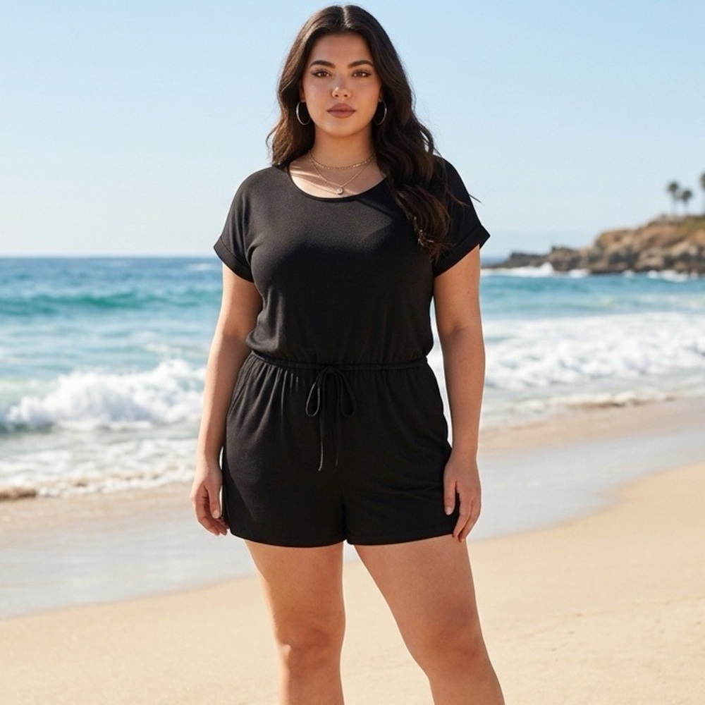 Anrabess Women's Short Sleeve Black Romper Size Large Side Pockets Stretch
